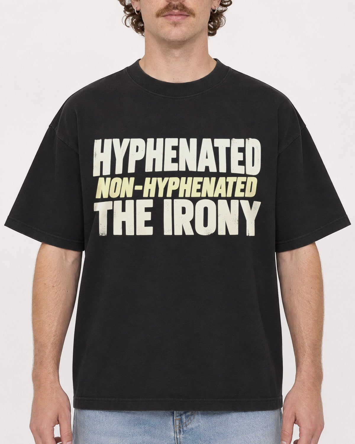 Mockup Boxy Heavyweight Tee Black male close-up 09