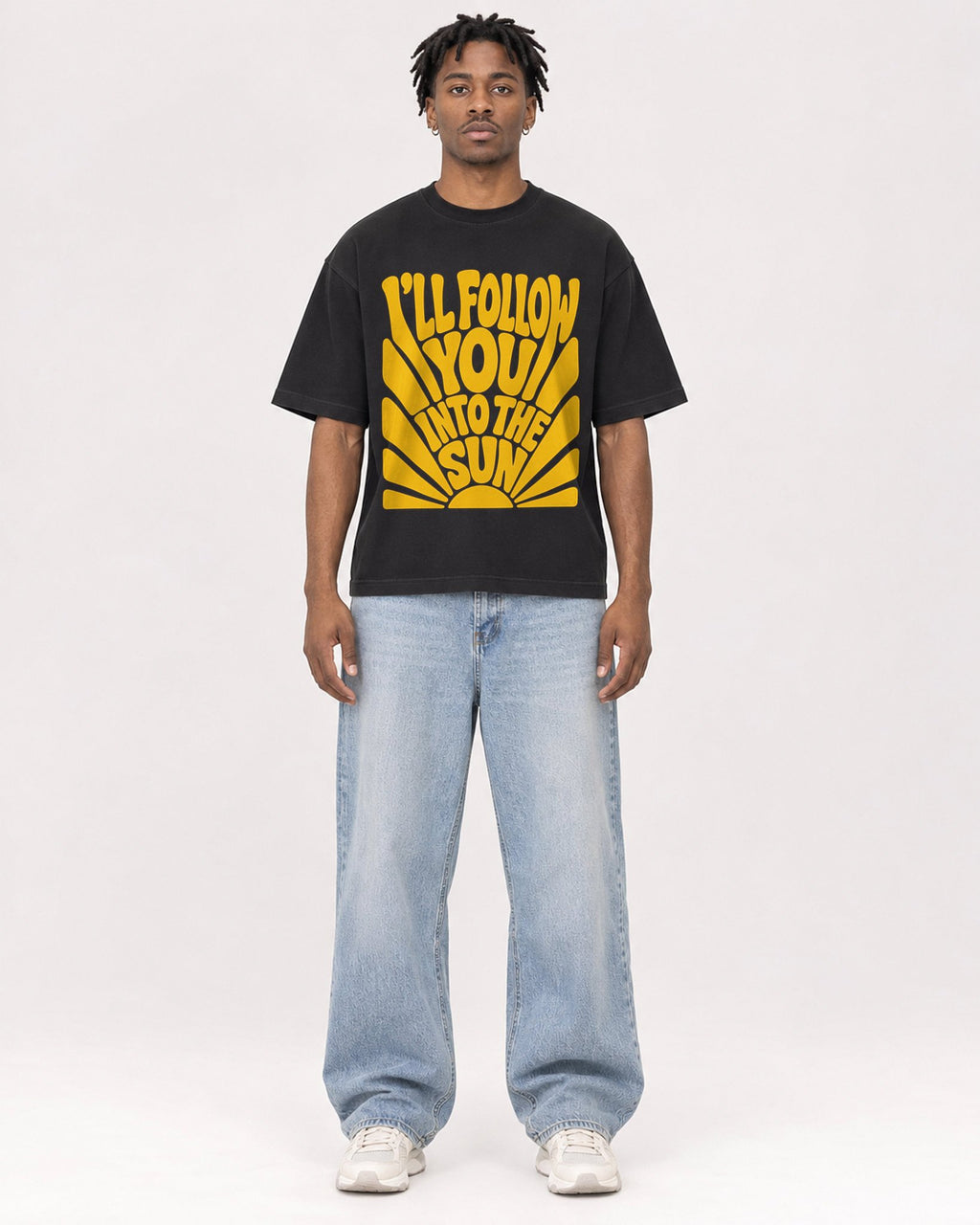 Mockup Boxy Heavyweight Tee Black male full-body 05