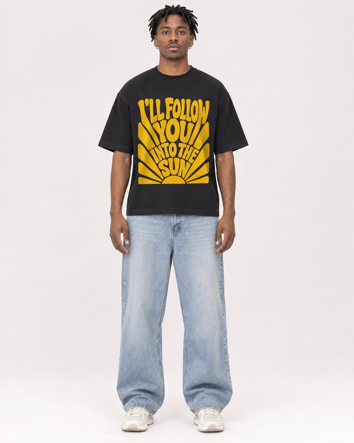 Mockup Boxy Heavyweight Tee Black male full-body 05