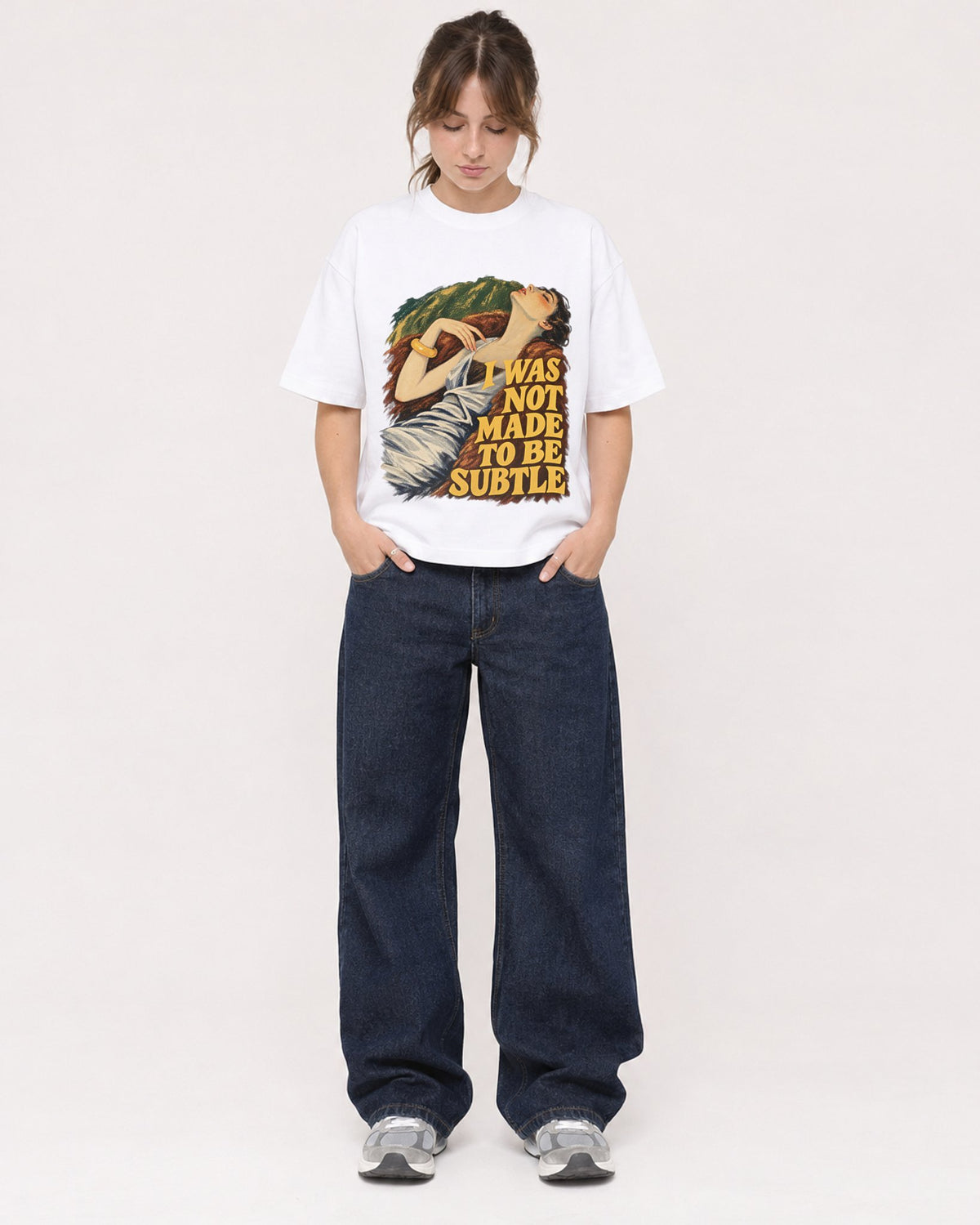 Mockup Boxy Heavyweight Tee White female full-body 29