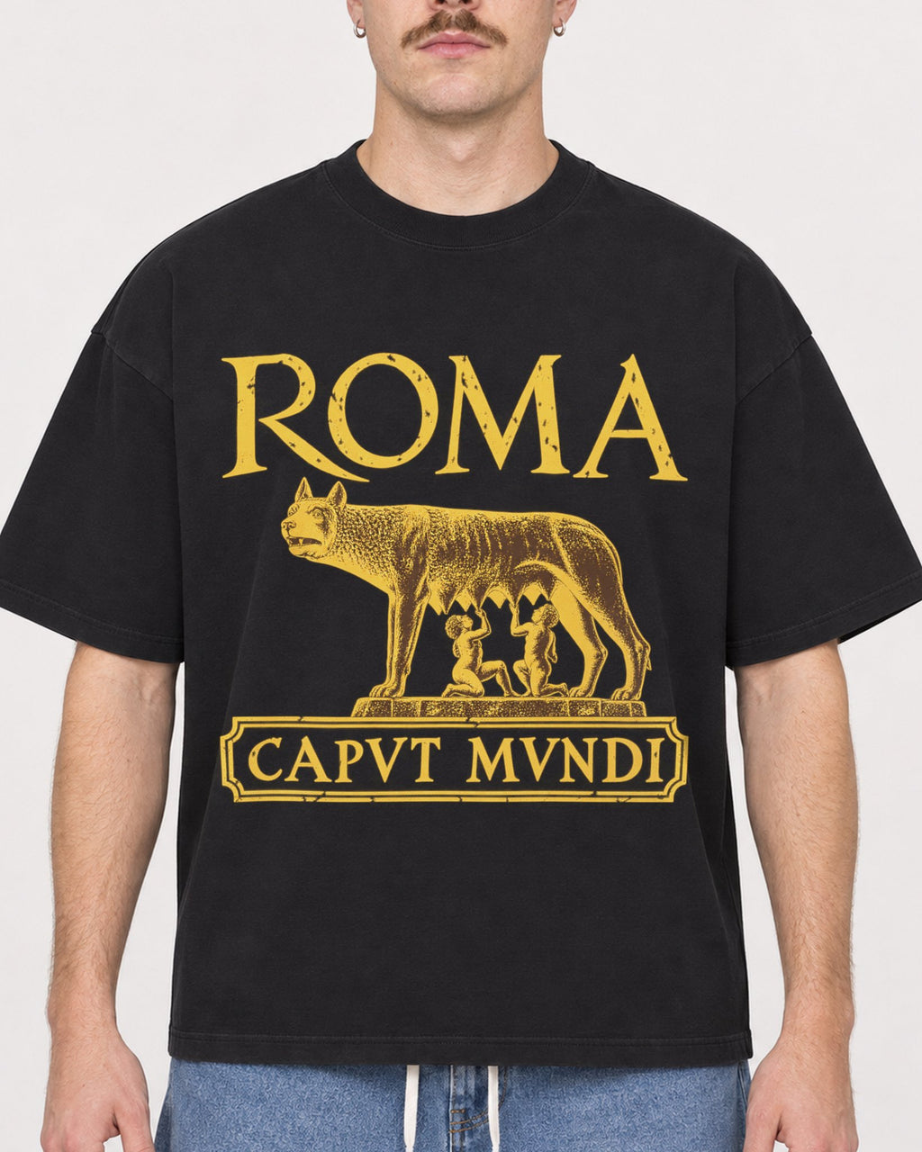 Mockup Boxy Heavyweight Tee Black male close-up 39