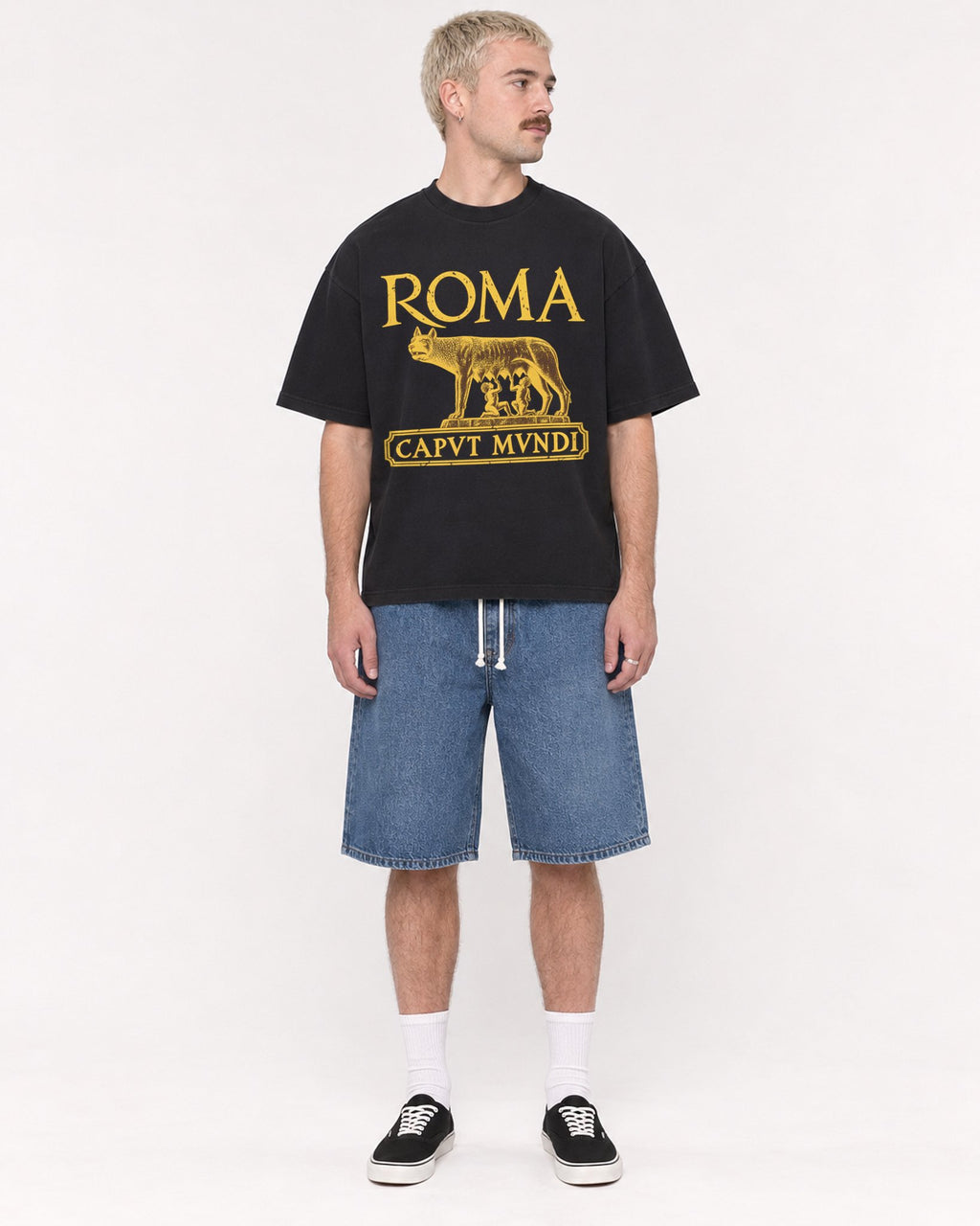 Mockup Boxy Heavyweight Tee Black male full-body 39