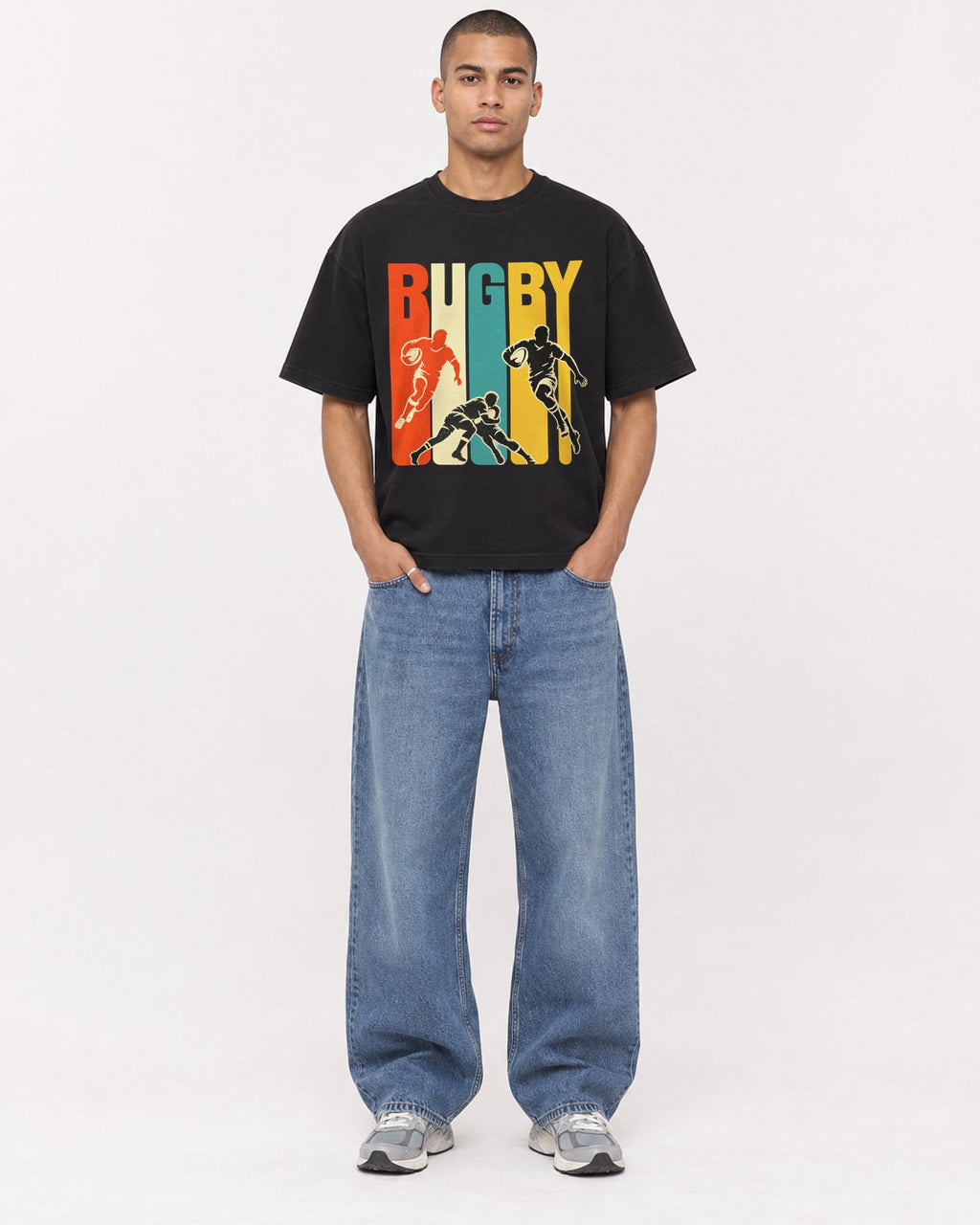 Mockup Boxy Heavyweight Tee Black male full-body 50
