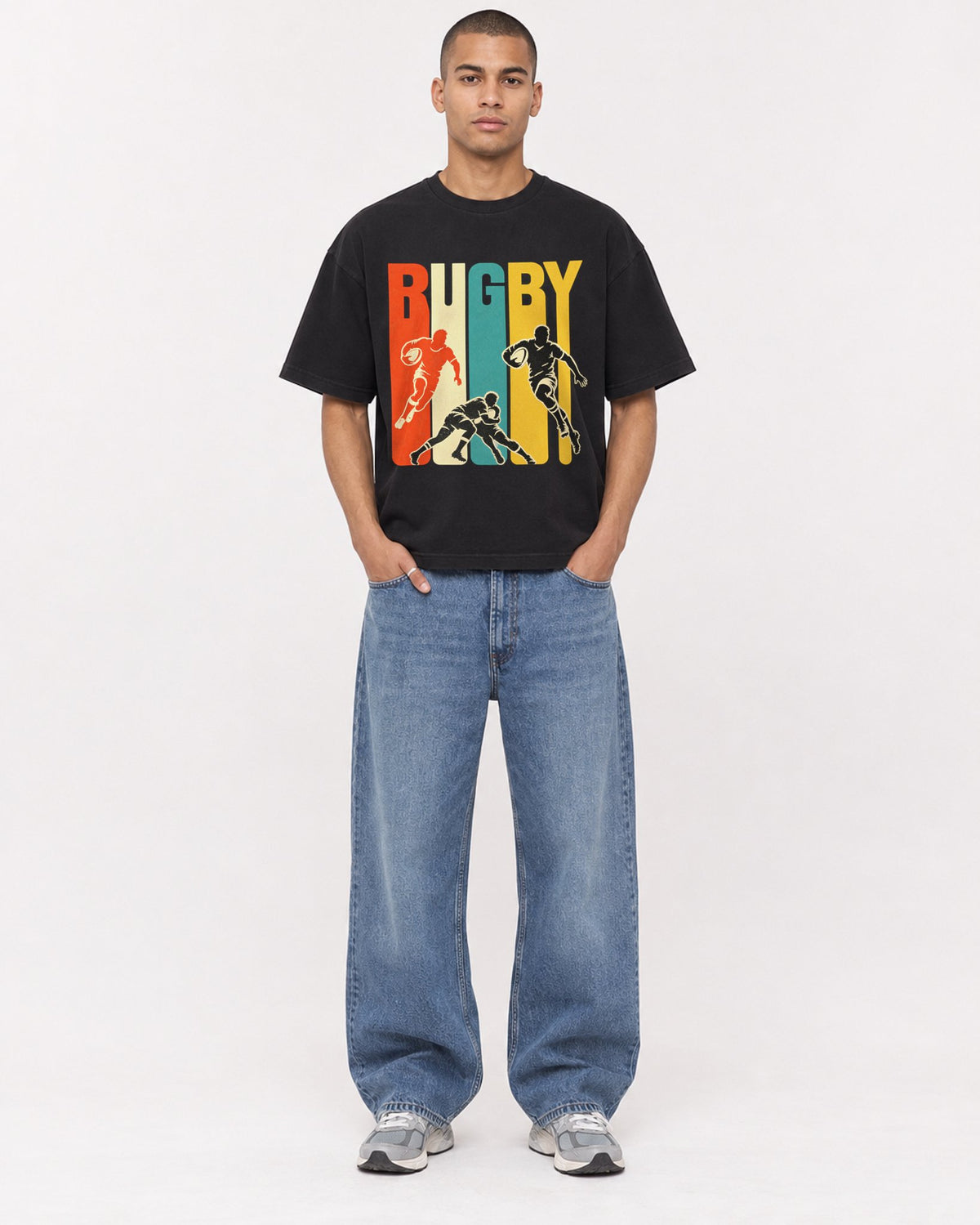 Mockup Boxy Heavyweight Tee Black male full-body 50