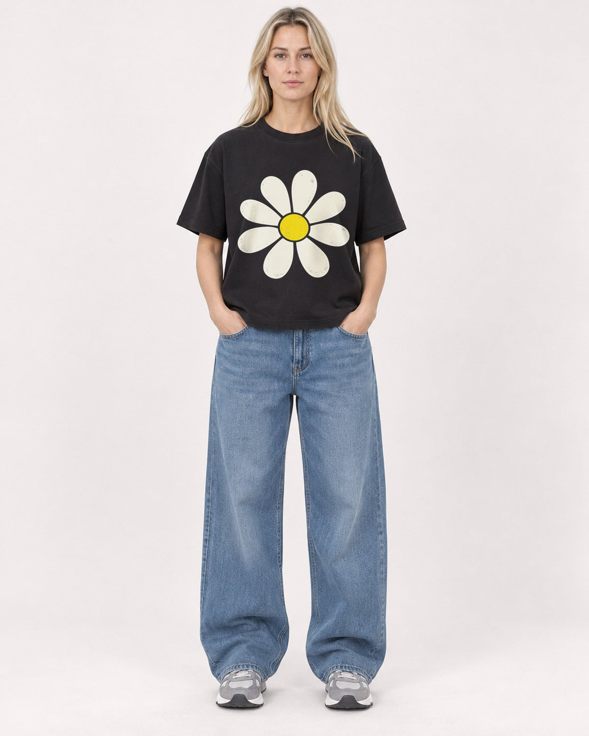Mockup Boxy Heavyweight Tee Black female full-body 08
