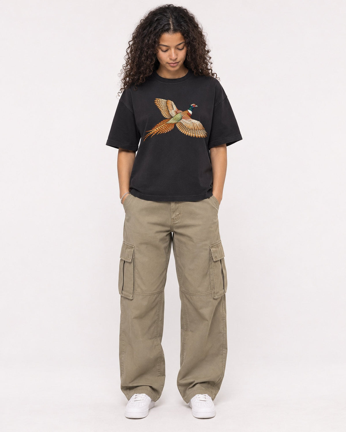 Mockup Boxy Heavyweight Tee Black female full-body 10