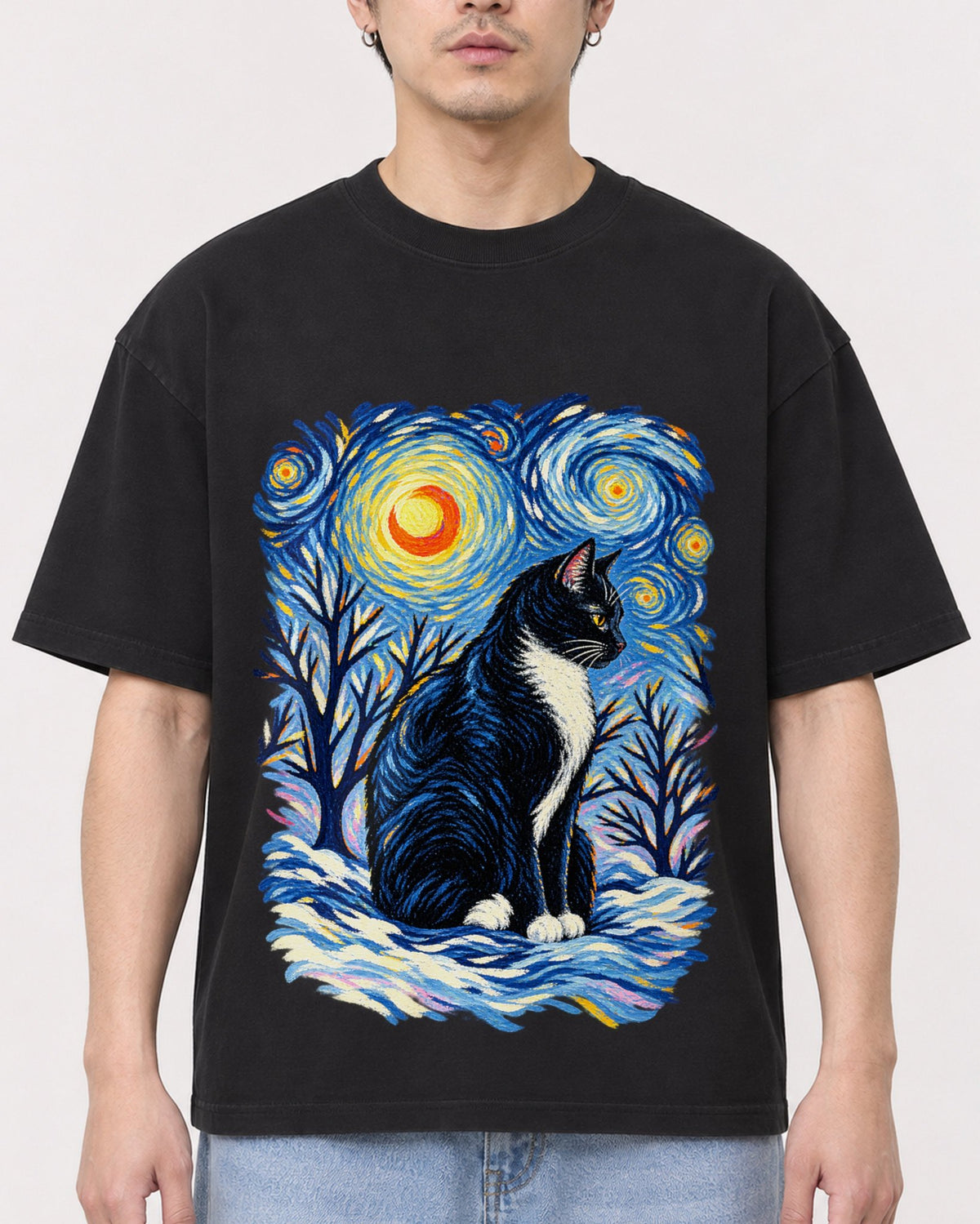 Mockup Boxy Heavyweight Tee Black male close-up 13