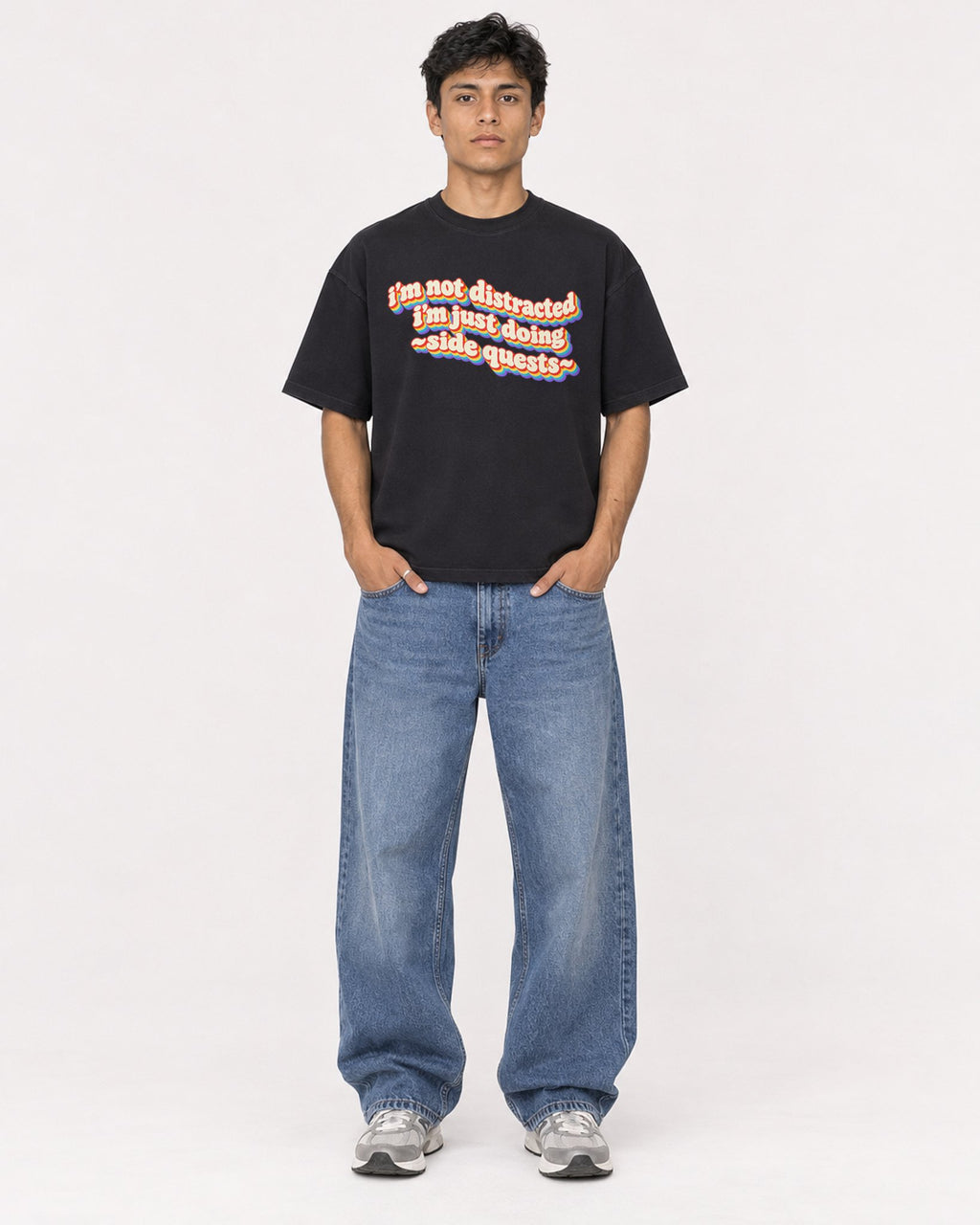 Mockup Boxy Heavyweight Tee Black male full-body 46