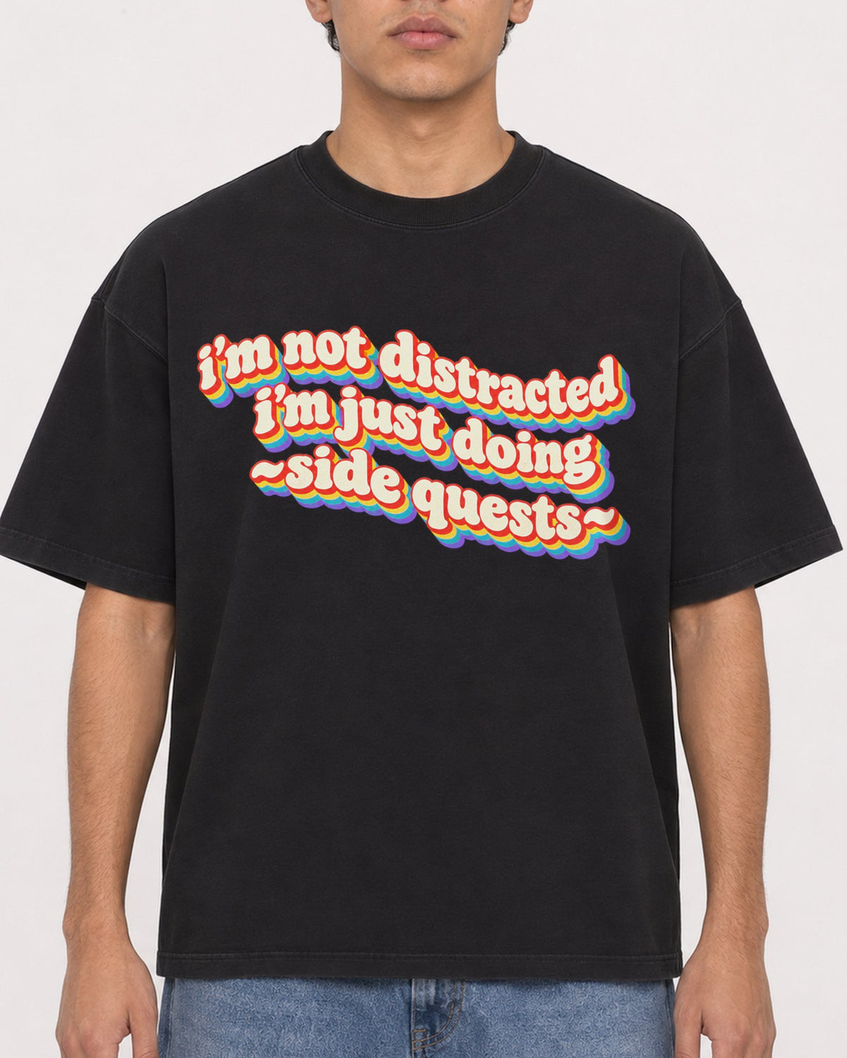 Mockup Boxy Heavyweight Tee Black male close-up 46