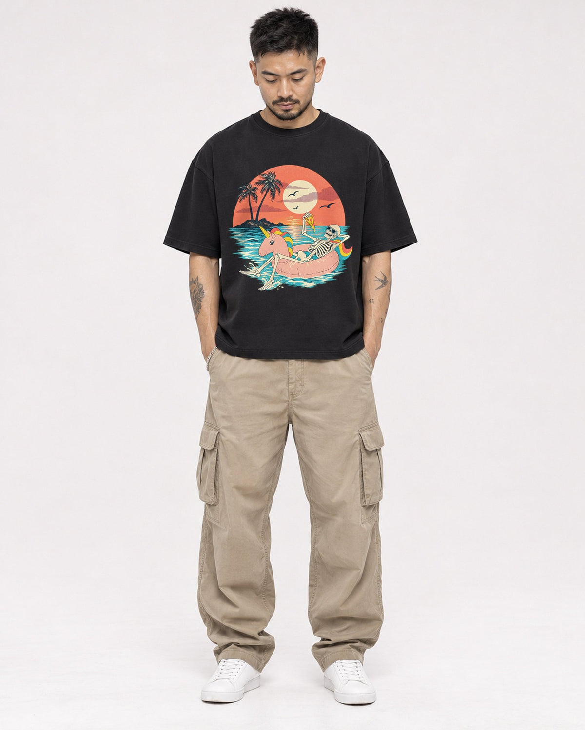 Mockup Boxy Heavyweight Tee Black male full-body 12