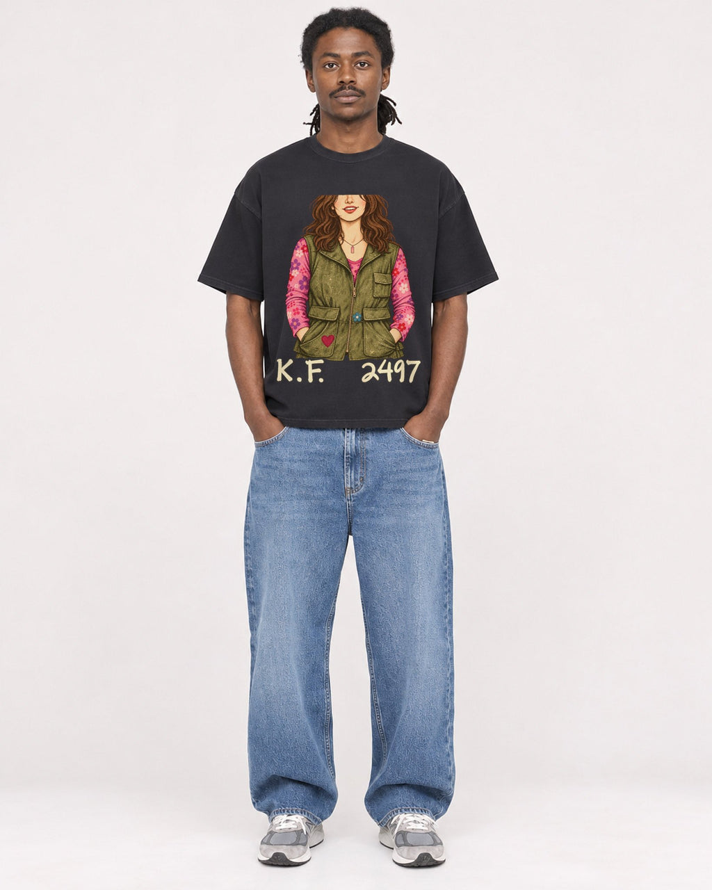 Mockup Boxy Heavyweight Tee Black male full-body 34