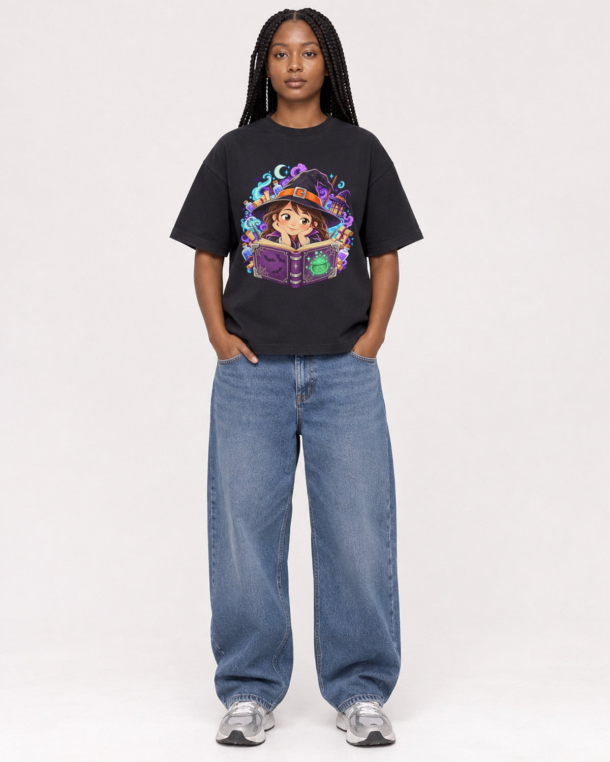 Mockup Boxy Heavyweight Tee Black female full-body 04