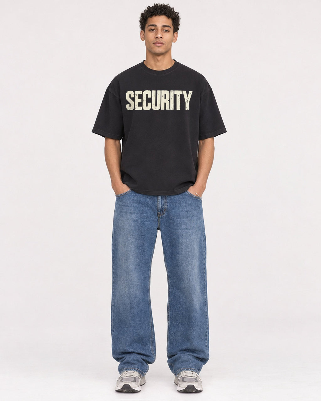 Mockup Boxy Heavyweight Tee Black male full-body 10
