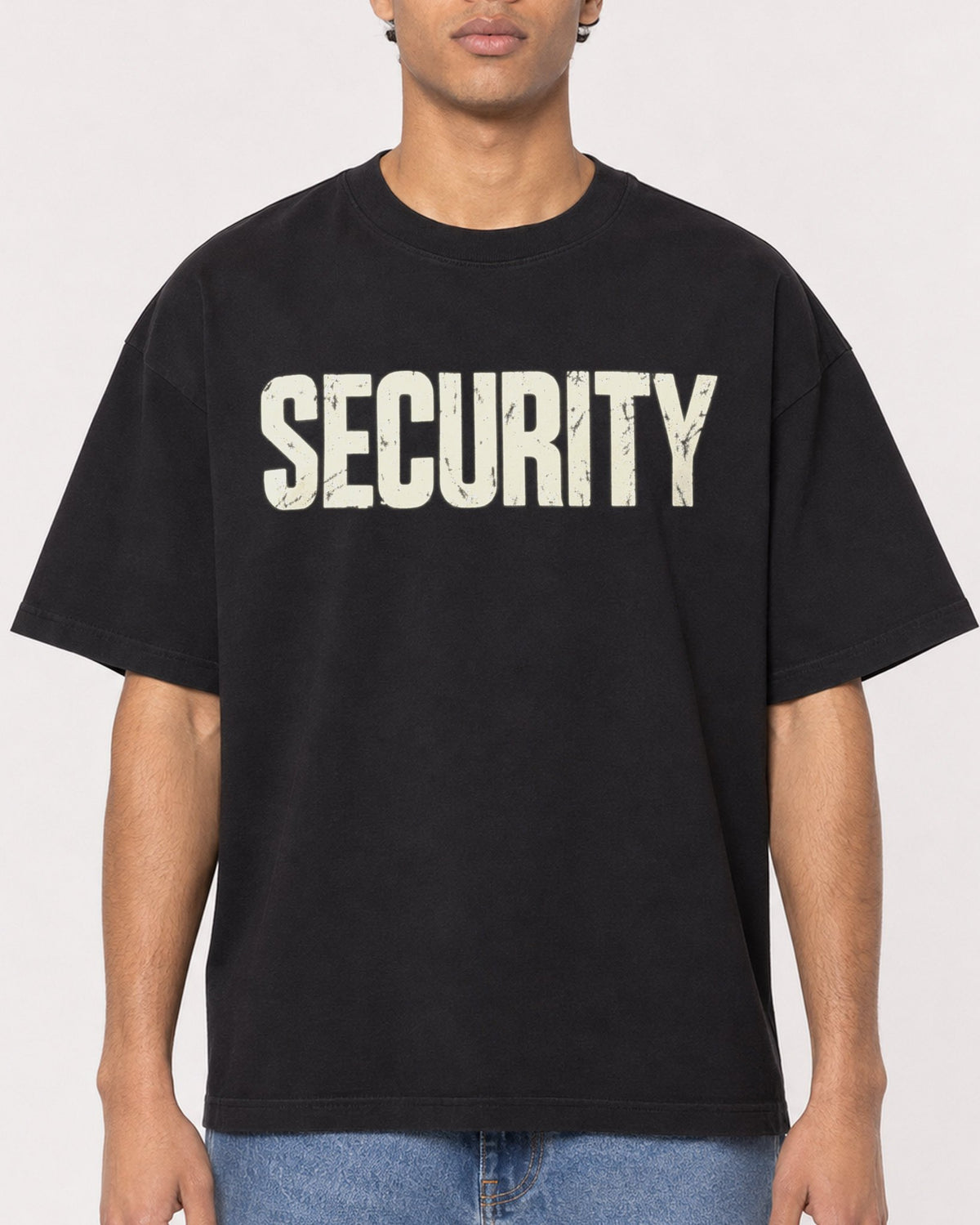 Mockup Boxy Heavyweight Tee Black male close-up 10
