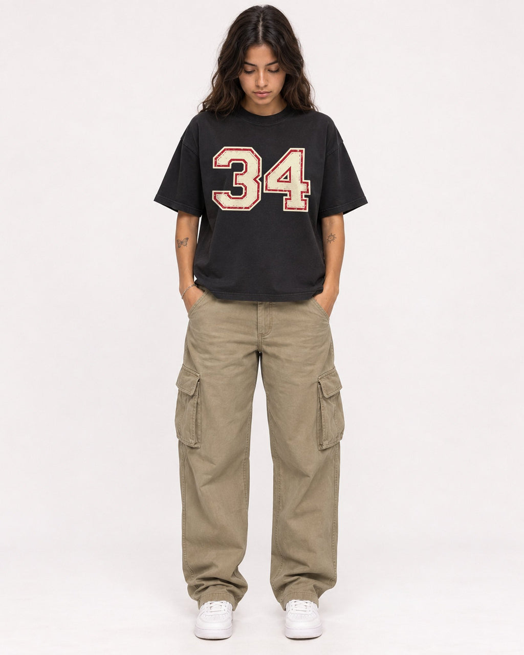 Mockup Boxy Heavyweight Tee Black female full-body 06