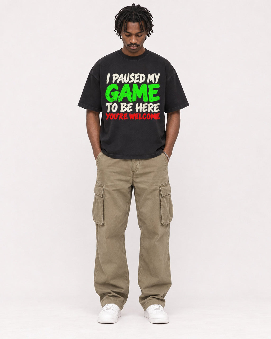 Mockup Boxy Heavyweight Tee Black male full-body 04