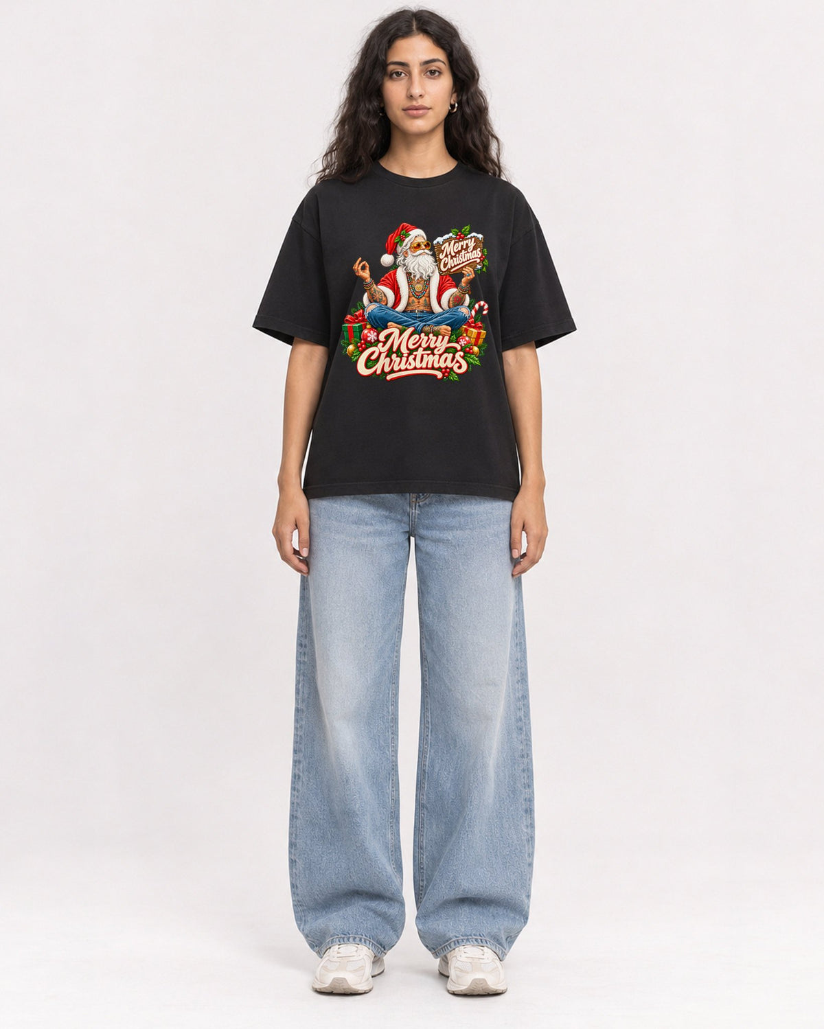 Mockup Boxy Heavyweight Tee Black female full-body 07