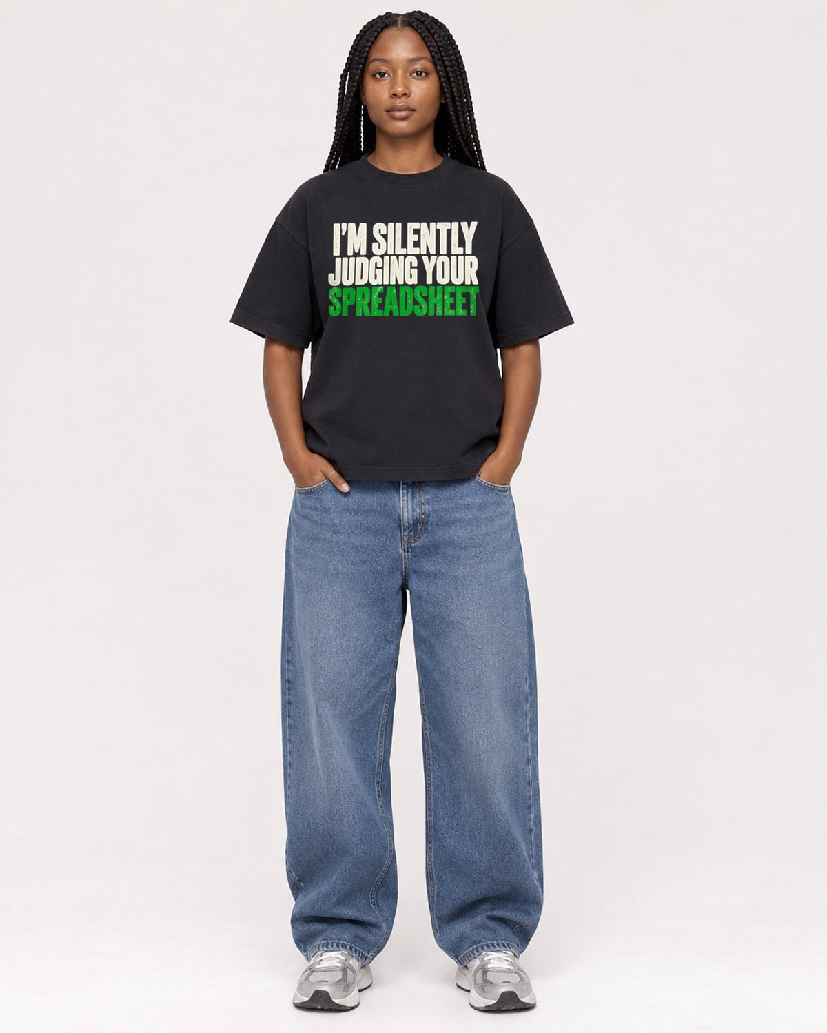 Mockup Boxy Heavyweight Tee Black female full-body 04