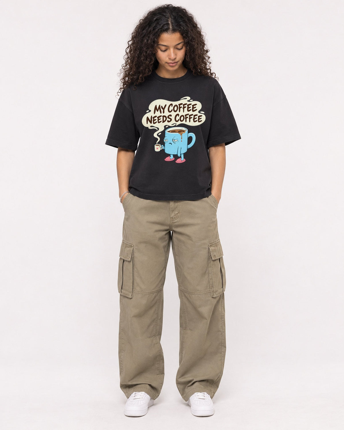 Mockup Boxy Heavyweight Tee Black female full-body 10