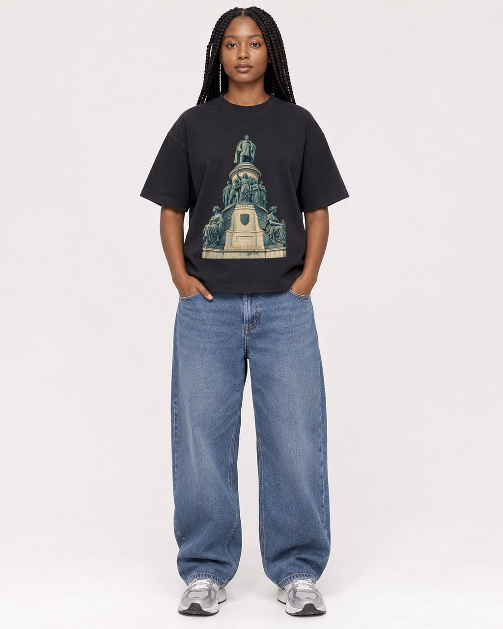 Mockup Boxy Heavyweight Tee Black female full-body 04