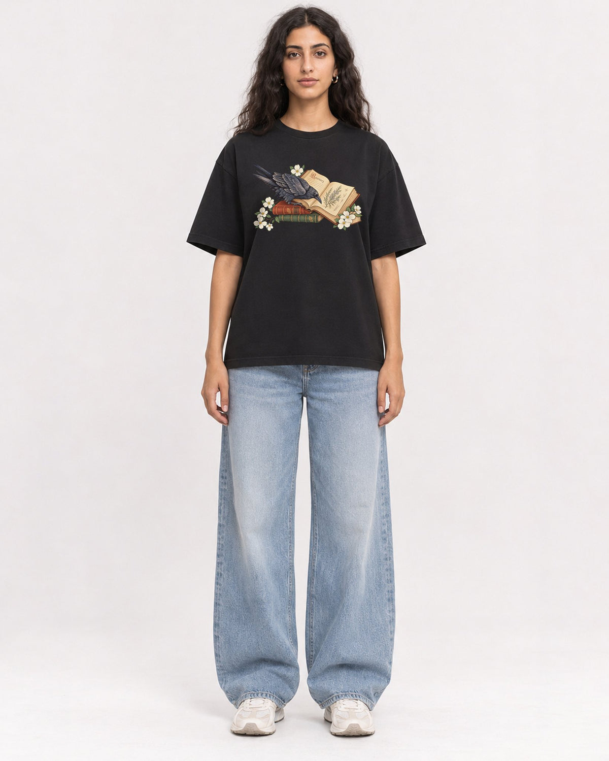 Mockup Boxy Heavyweight Tee Black female full-body 07