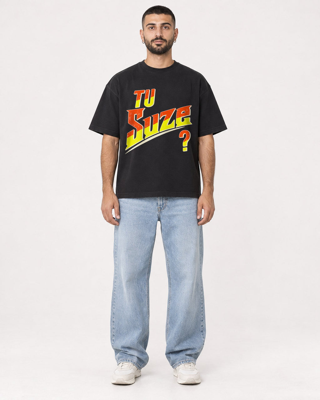 Mockup Boxy Heavyweight Tee Black male full-body 37