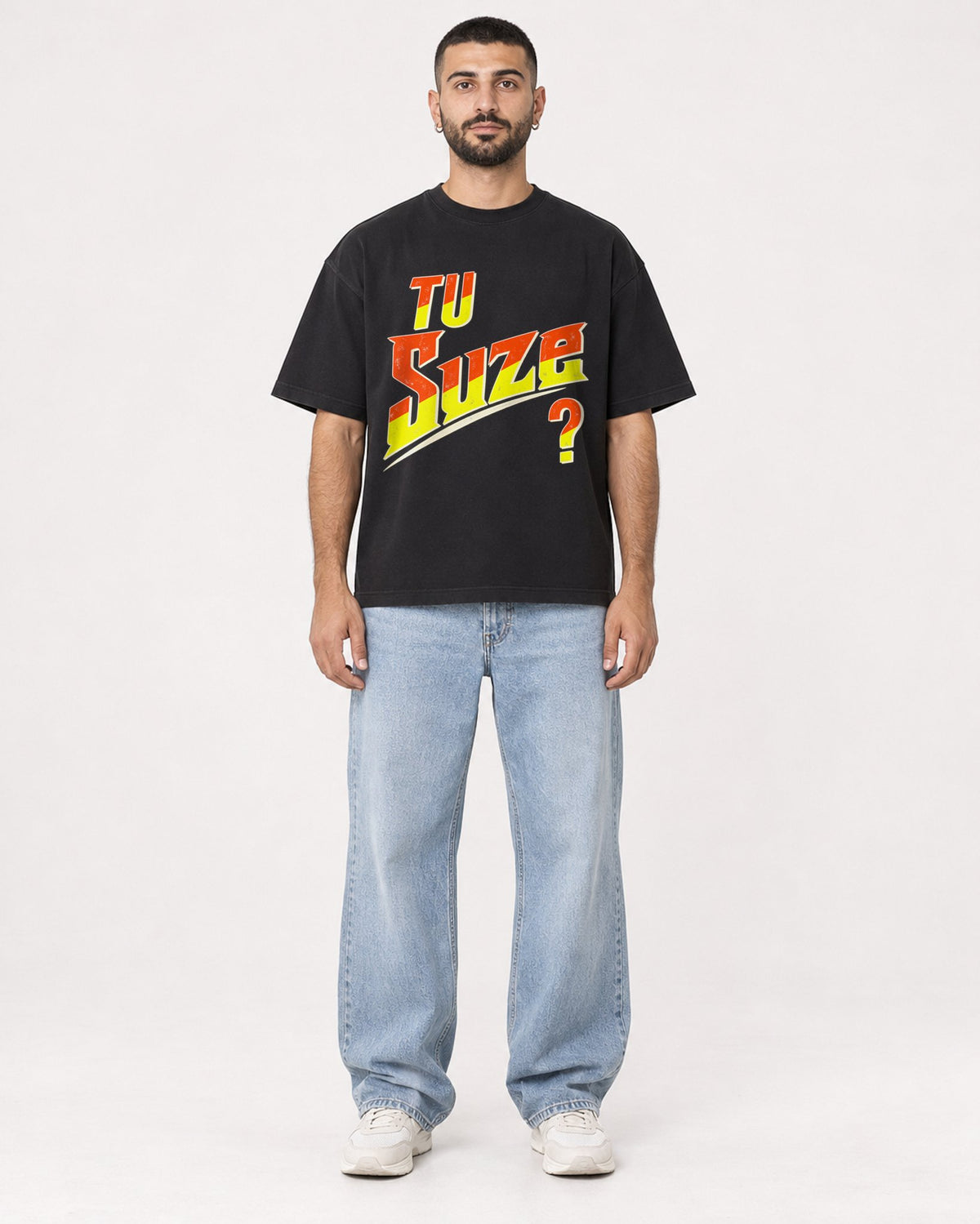 Mockup Boxy Heavyweight Tee Black male full-body 37