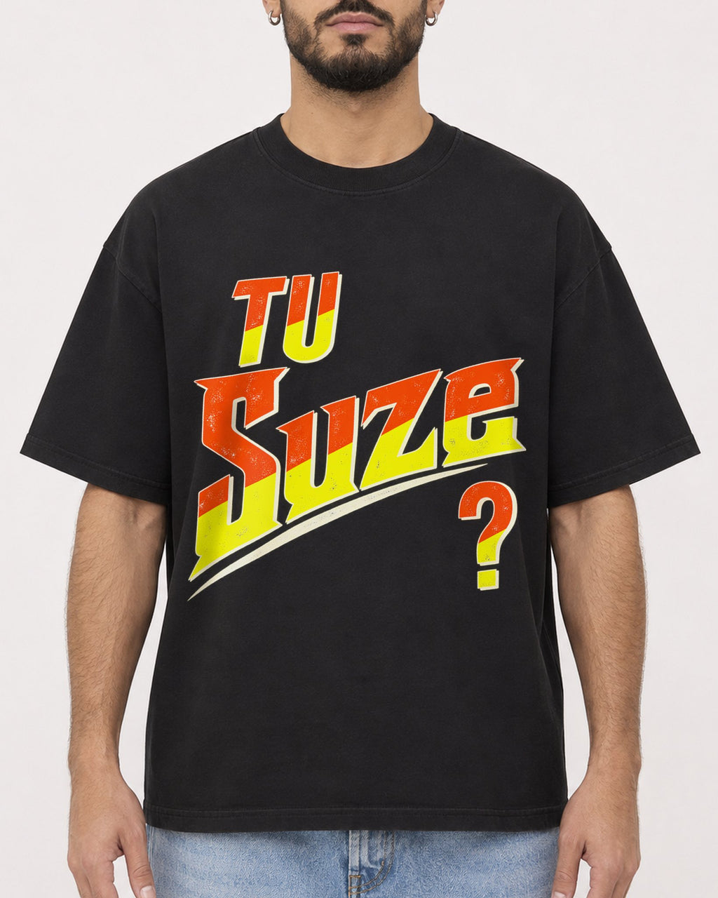 Mockup Boxy Heavyweight Tee Black male close-up 37