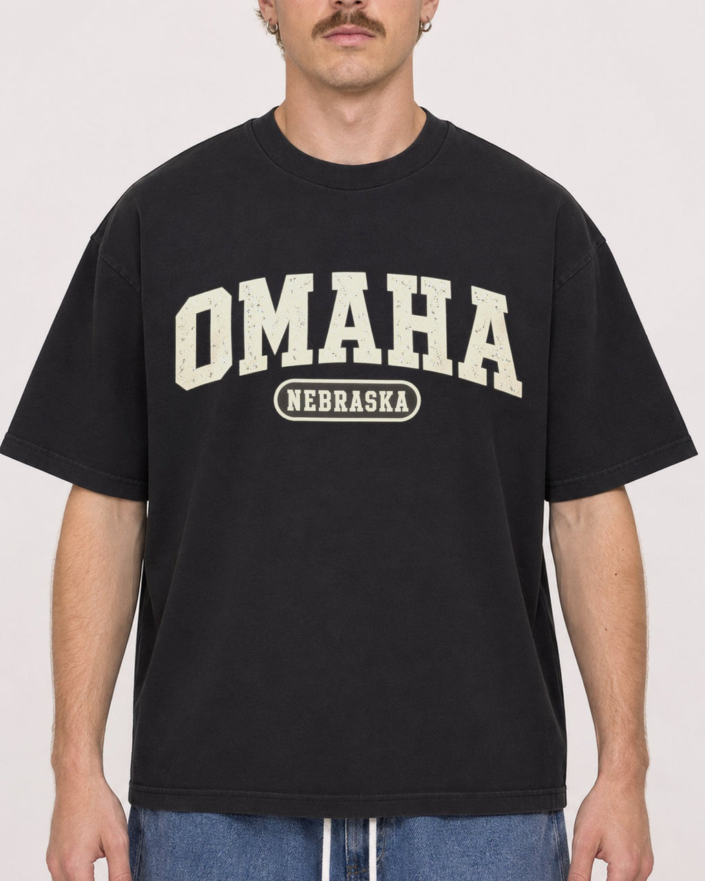 Mockup Boxy Heavyweight Tee Black male close-up 19