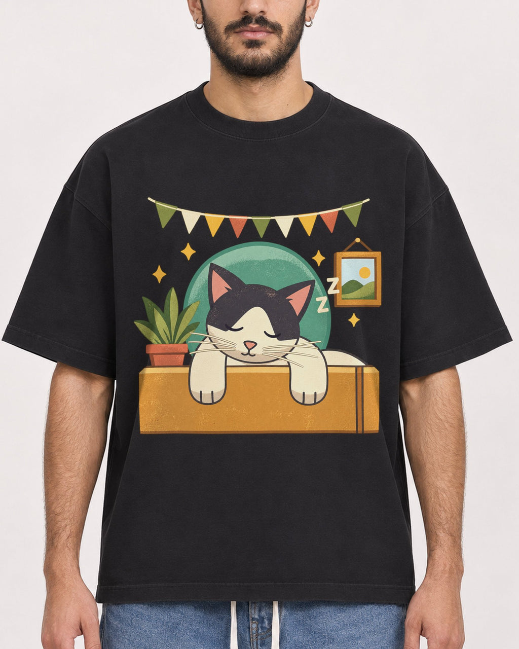 Mockup Boxy Heavyweight Tee Black male close-up 07