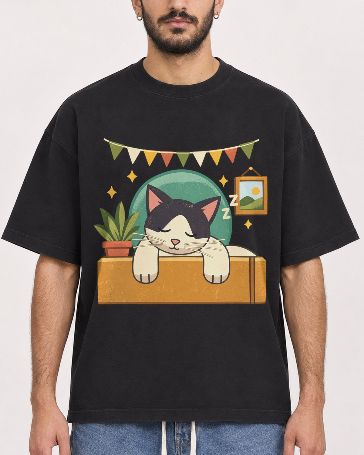 Mockup Boxy Heavyweight Tee Black male close-up 07