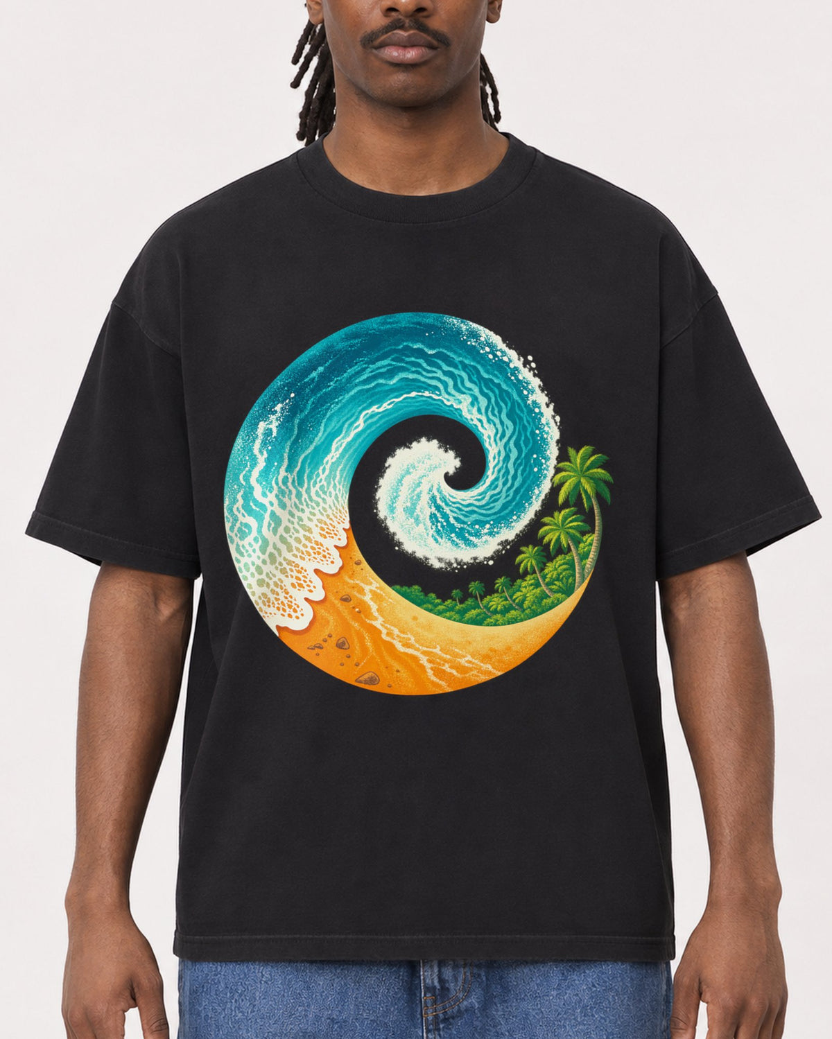 Mockup Boxy Heavyweight Tee Black male close-up 34