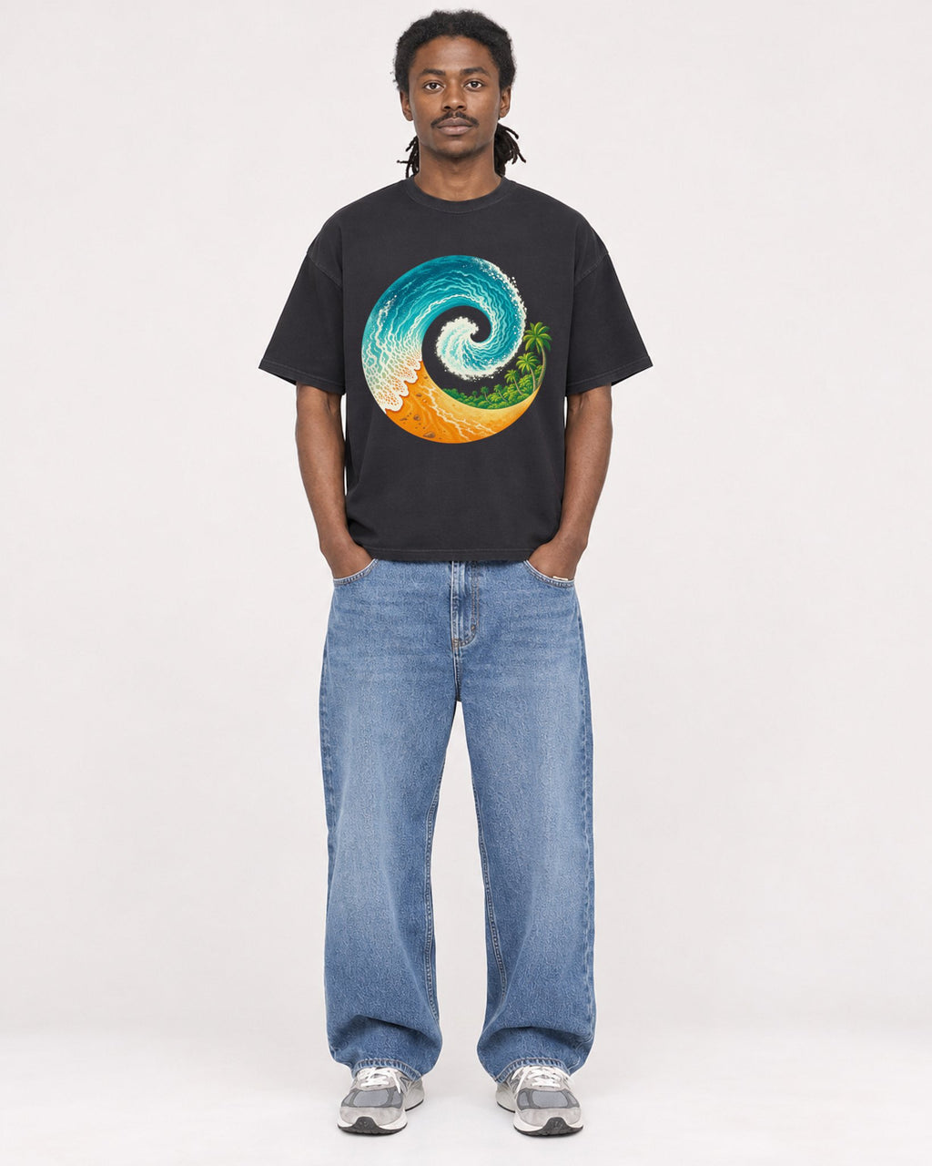 Mockup Boxy Heavyweight Tee Black male full-body 34
