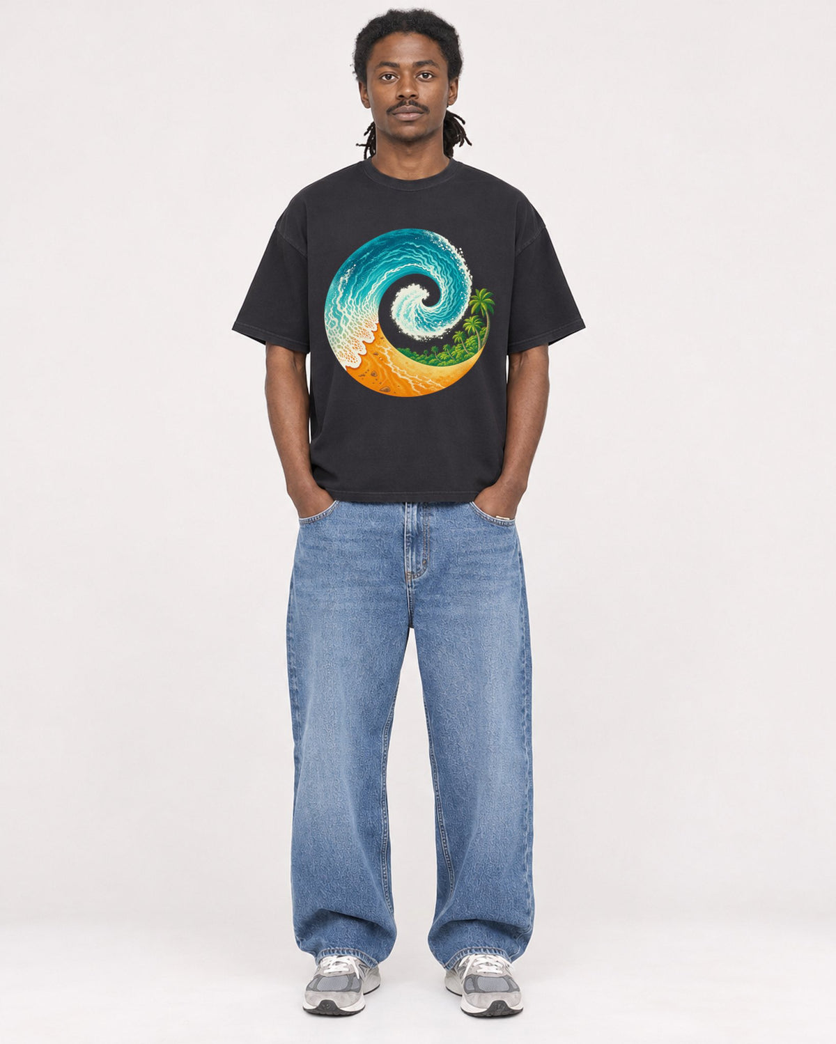 Mockup Boxy Heavyweight Tee Black male full-body 34