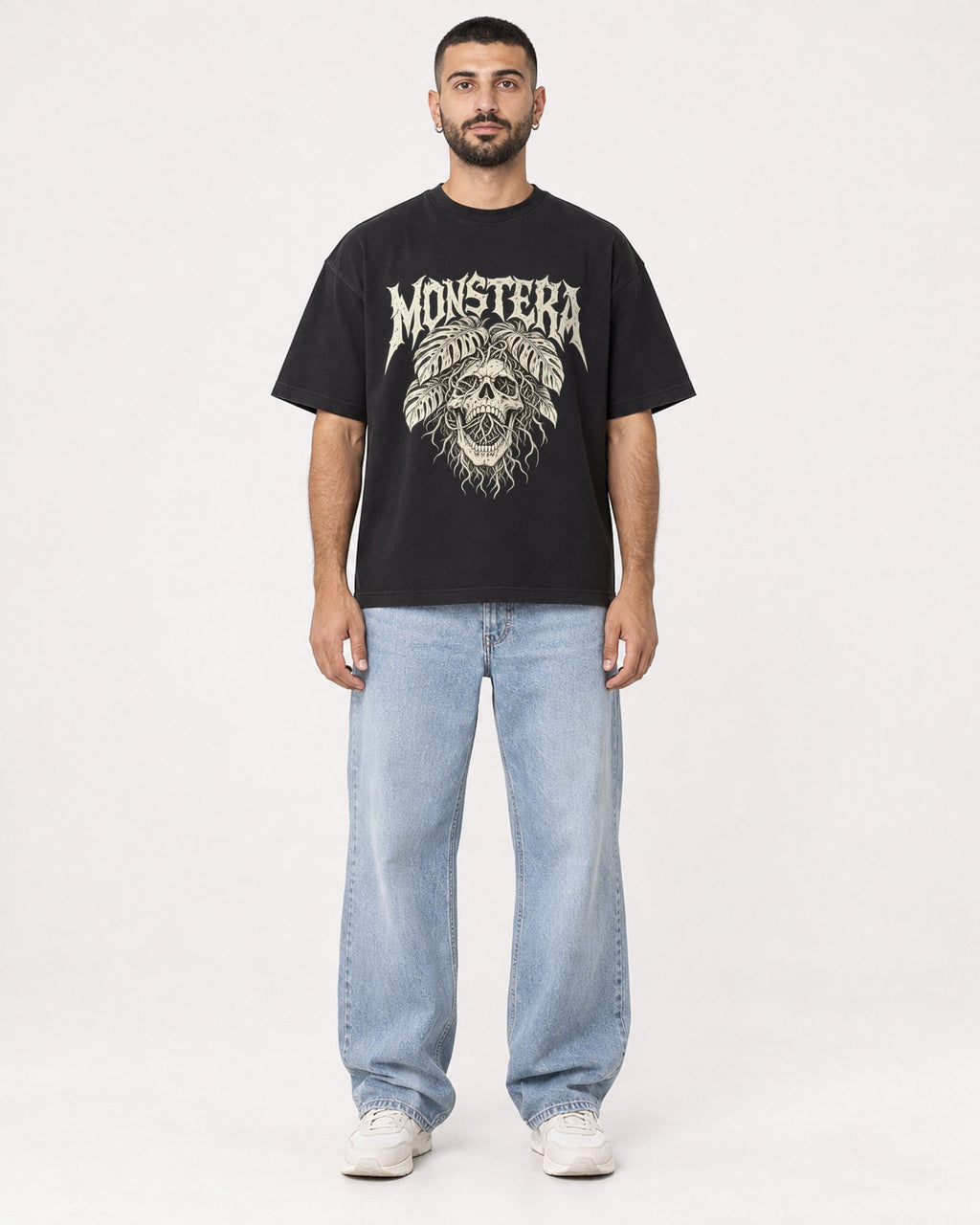 Mockup Boxy Heavyweight Tee Black male full-body 37