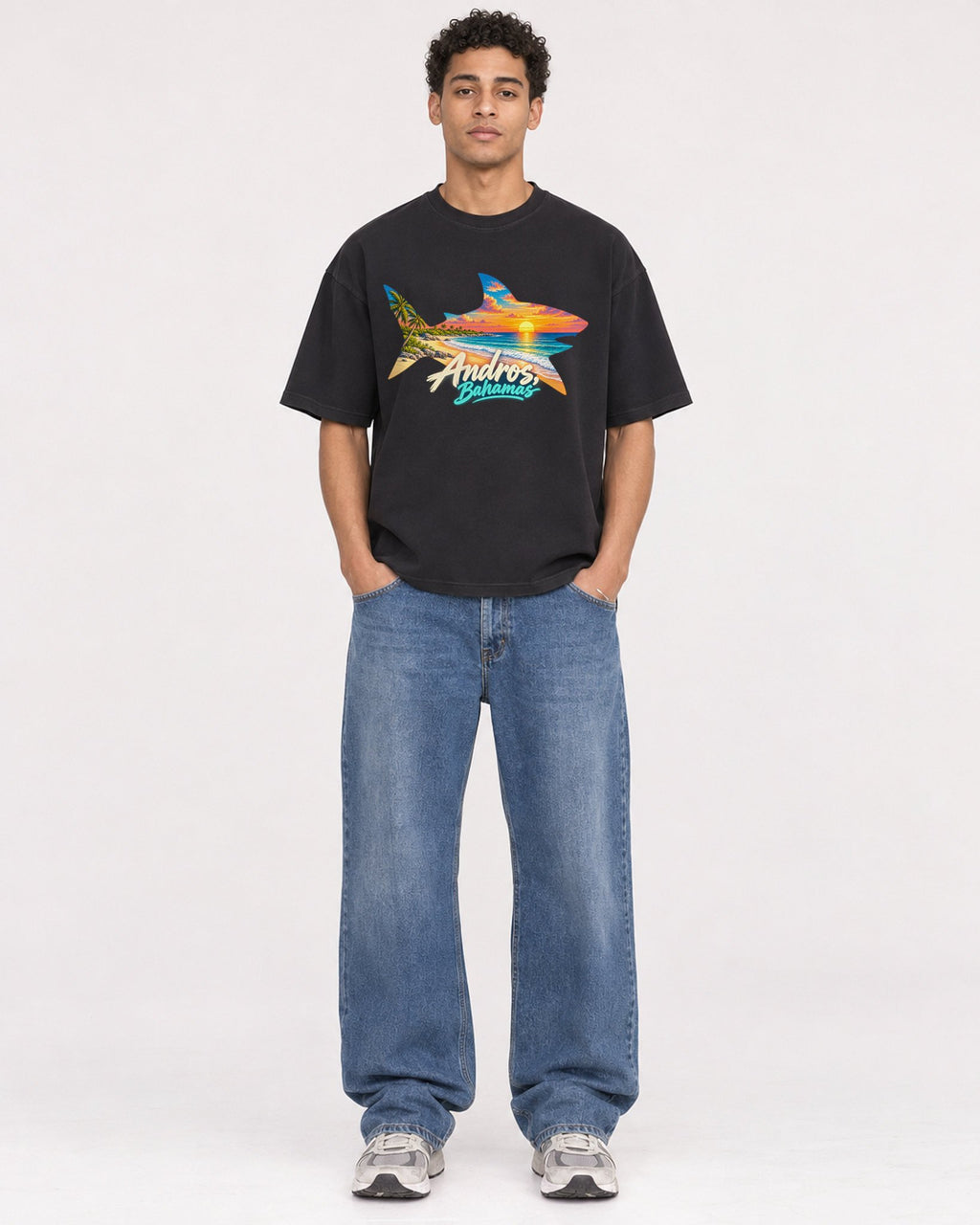 Mockup Boxy Heavyweight Tee Black male full-body 10