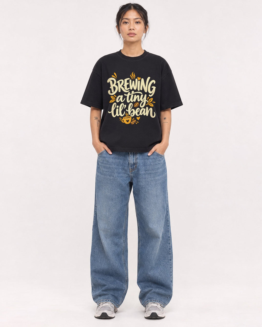 Mockup Boxy Heavyweight Tee Black female full-body 12