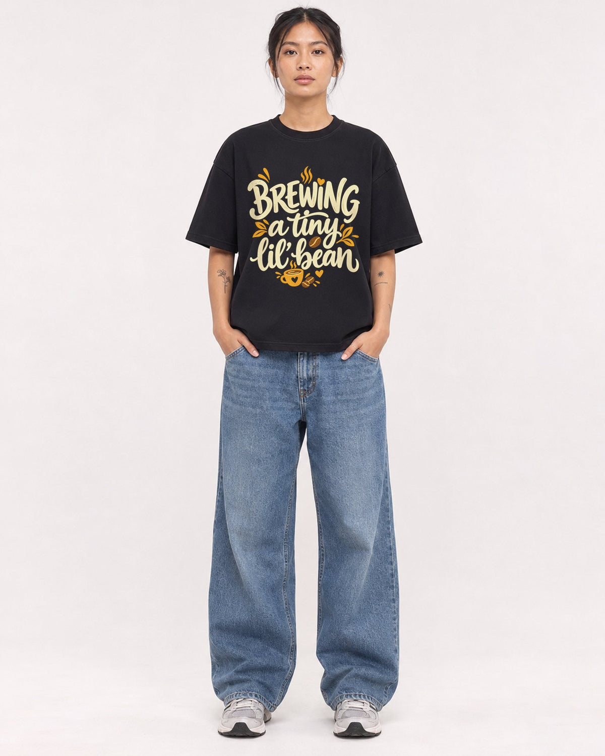 Mockup Boxy Heavyweight Tee Black female full-body 12