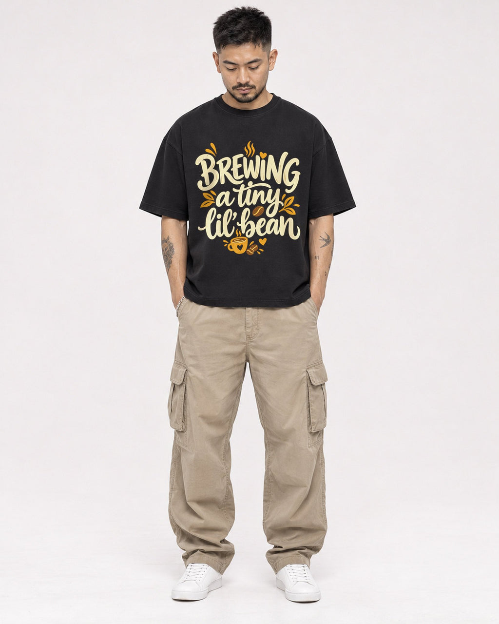 Mockup Boxy Heavyweight Tee Black male full-body 12