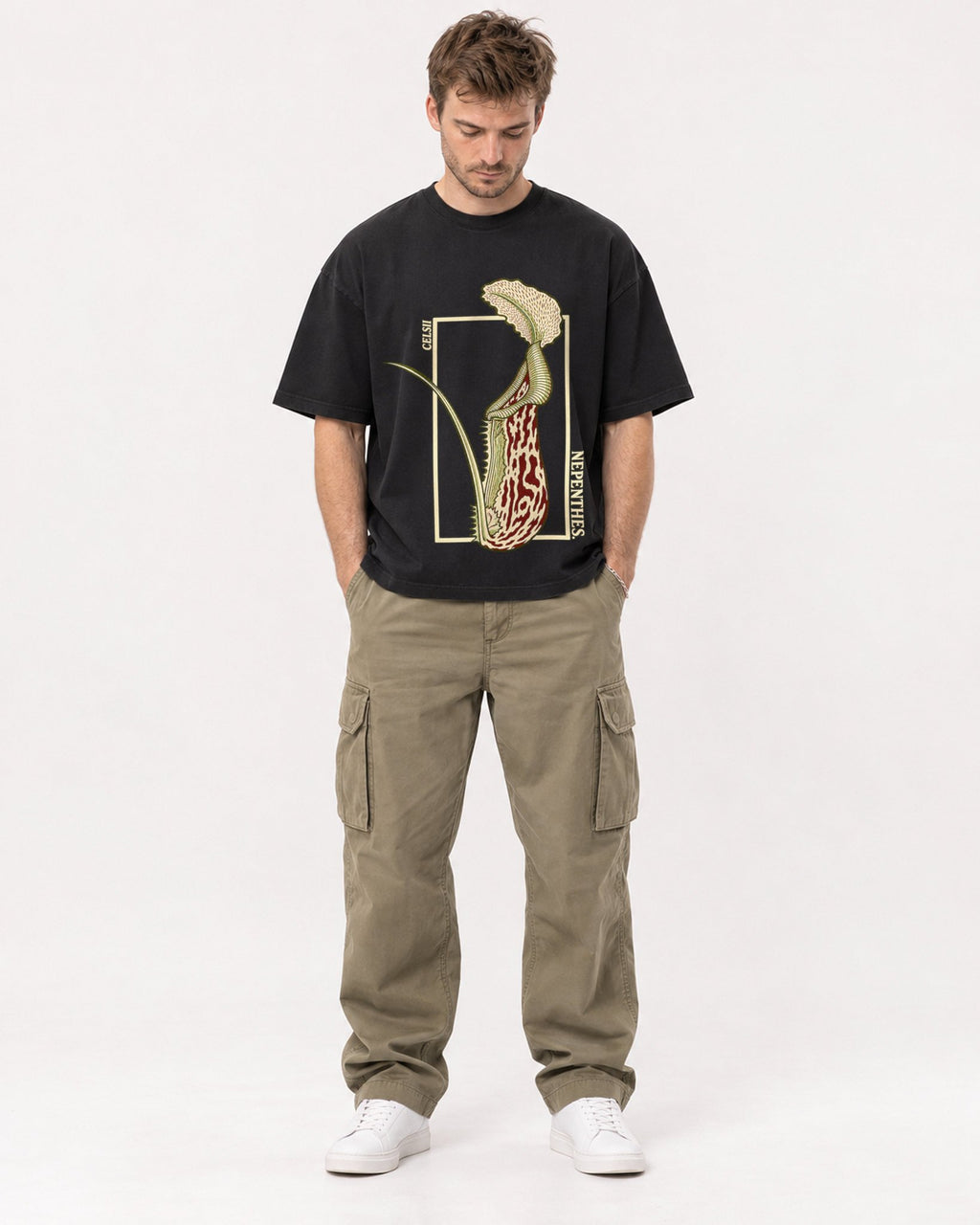 Mockup Boxy Heavyweight Tee Black male full-body 08