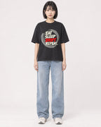 Mockup Boxy Heavyweight Tee Black female full-body 11