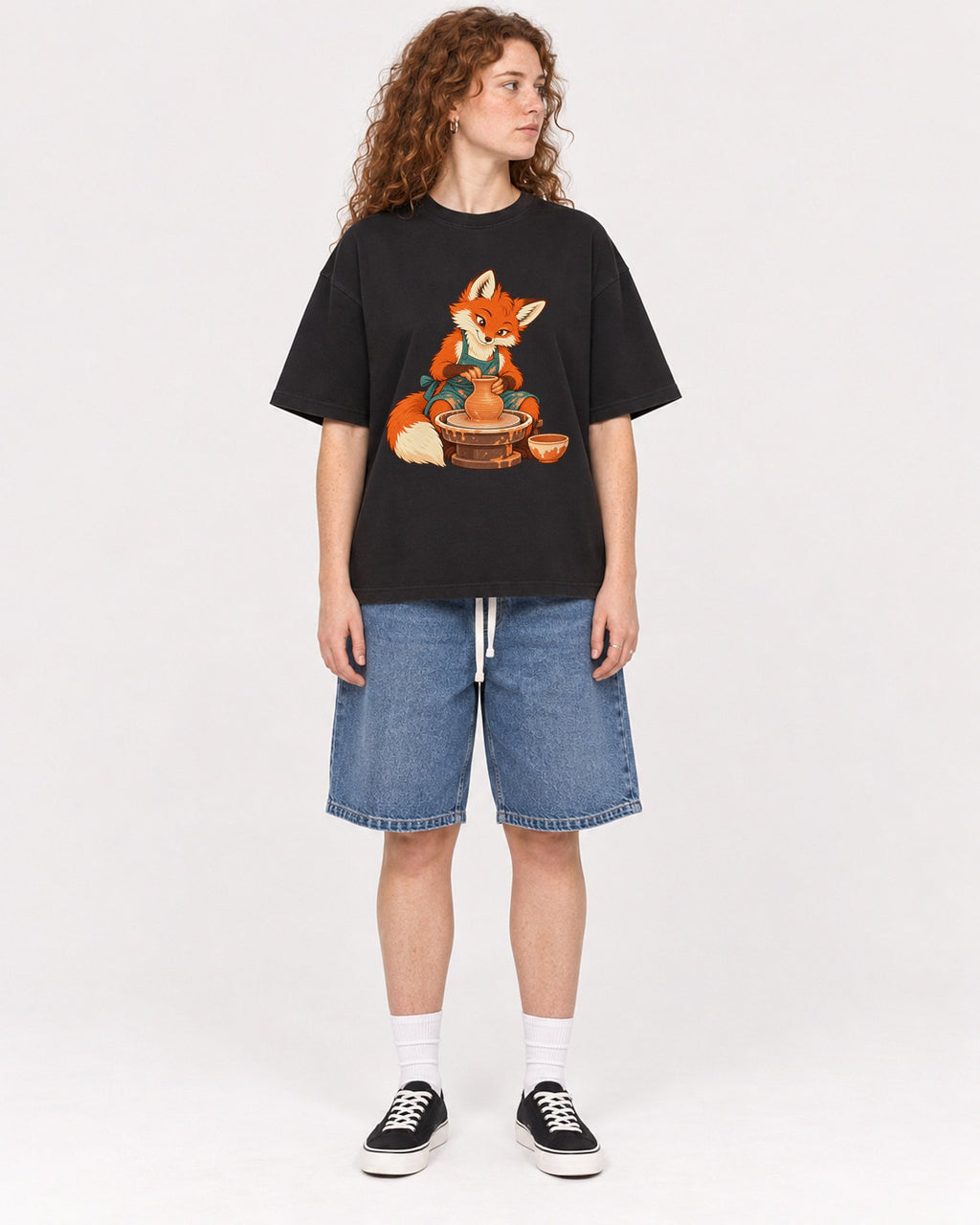 Mockup Boxy Heavyweight Tee Black female full-body 09