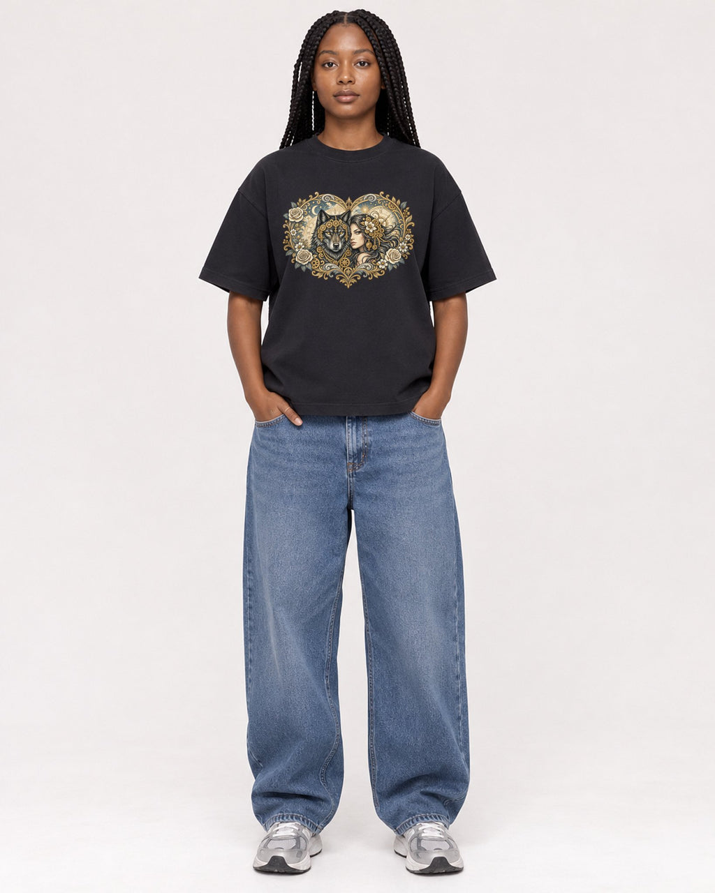 Mockup Boxy Heavyweight Tee Black female full-body 04