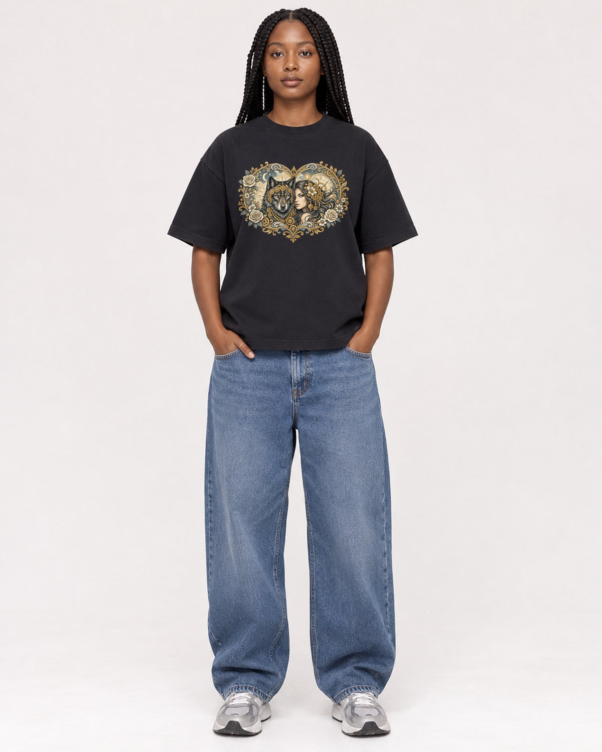 Mockup Boxy Heavyweight Tee Black female full-body 04