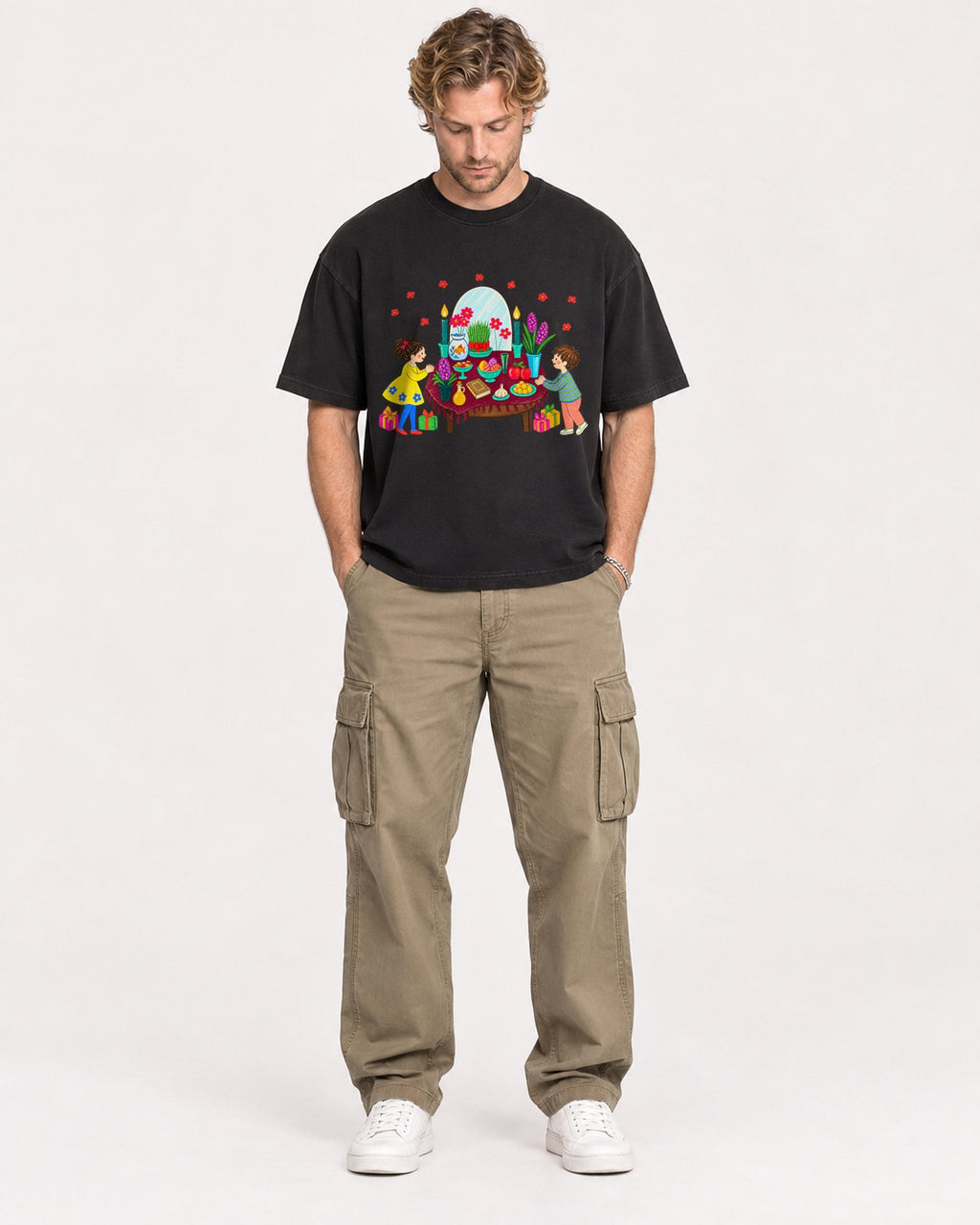 Mockup Boxy Heavyweight Tee Black male full-body 28