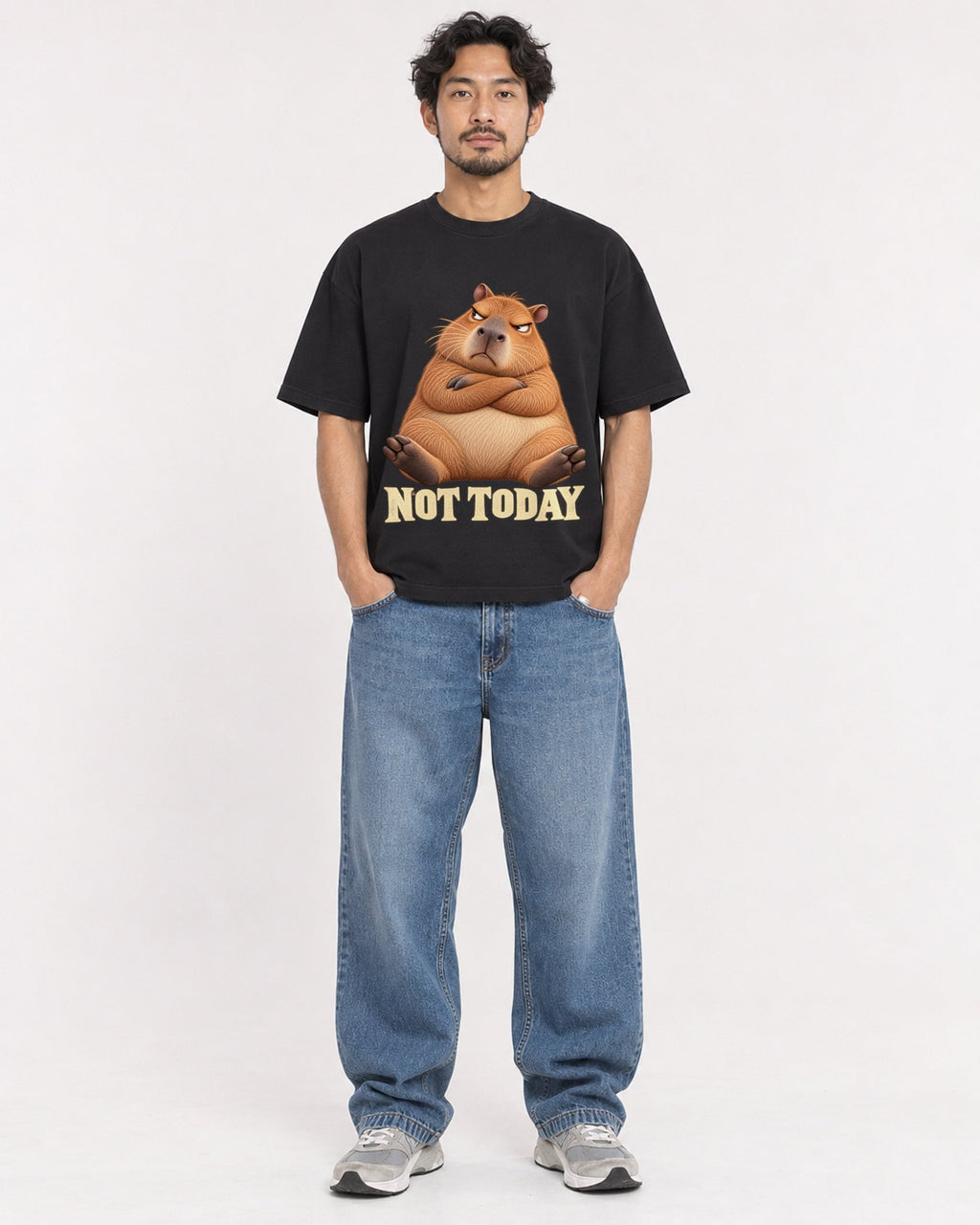 Mockup Boxy Heavyweight Tee Black male full-body 02