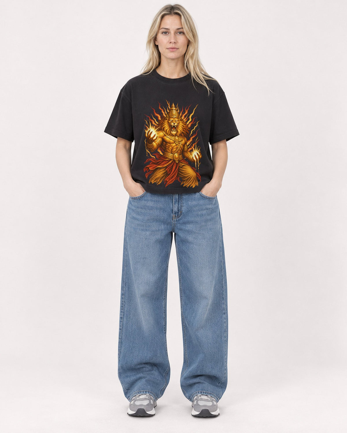 Mockup Boxy Heavyweight Tee Black female full-body 08