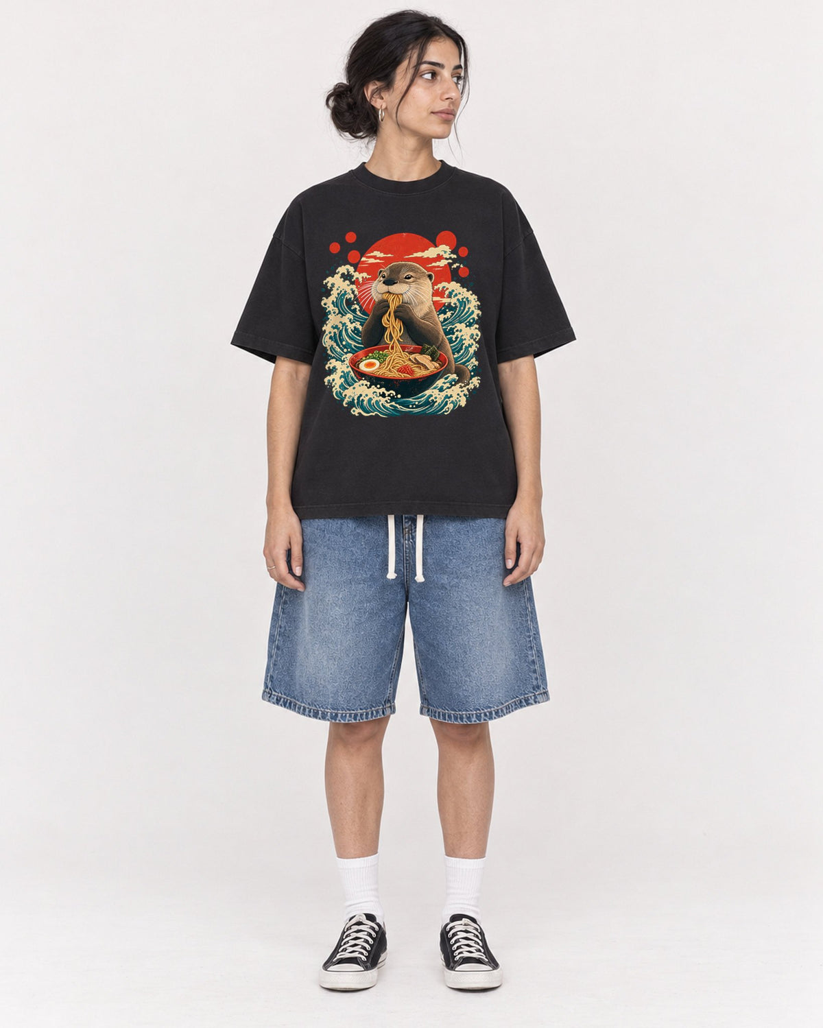 Mockup Boxy Heavyweight Tee Black female full-body 17