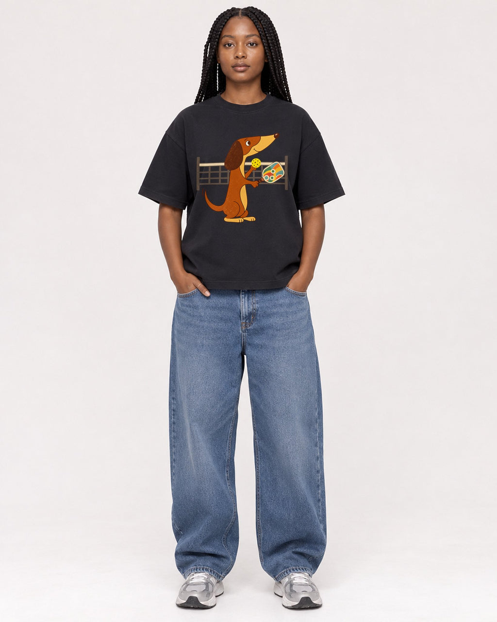 Mockup Boxy Heavyweight Tee Black female full-body 04