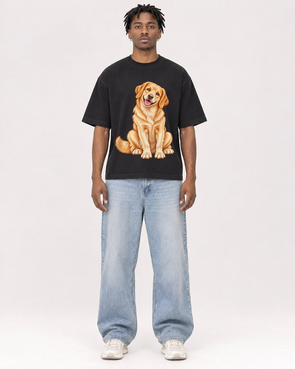 Mockup Boxy Heavyweight Tee Black male full-body 05